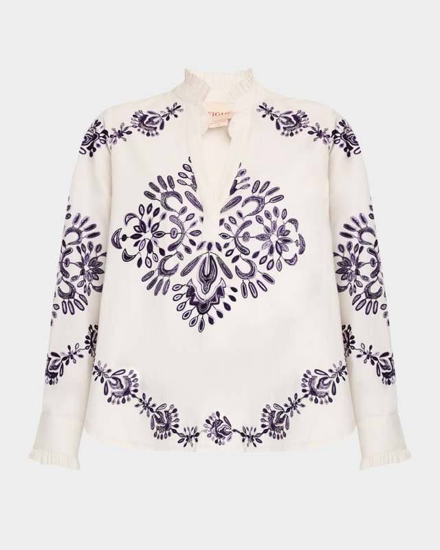 Celestina Embroidered Ruffle Long-Sleeve Top